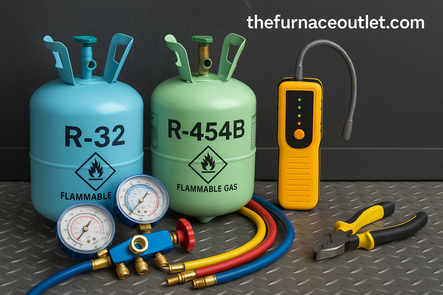 A high-resolution digital photograph showcases HVAC safety tools including R-32 and R-454B refrigerant cylinders, a yellow electronic leak detector, manifold gauges, and pliers, arranged neatly on a diamond-patterned metal surface. The Furnace Outlet branding is displayed in the top-right corner, reinforcing safety compliance in A2L refrigerant handling