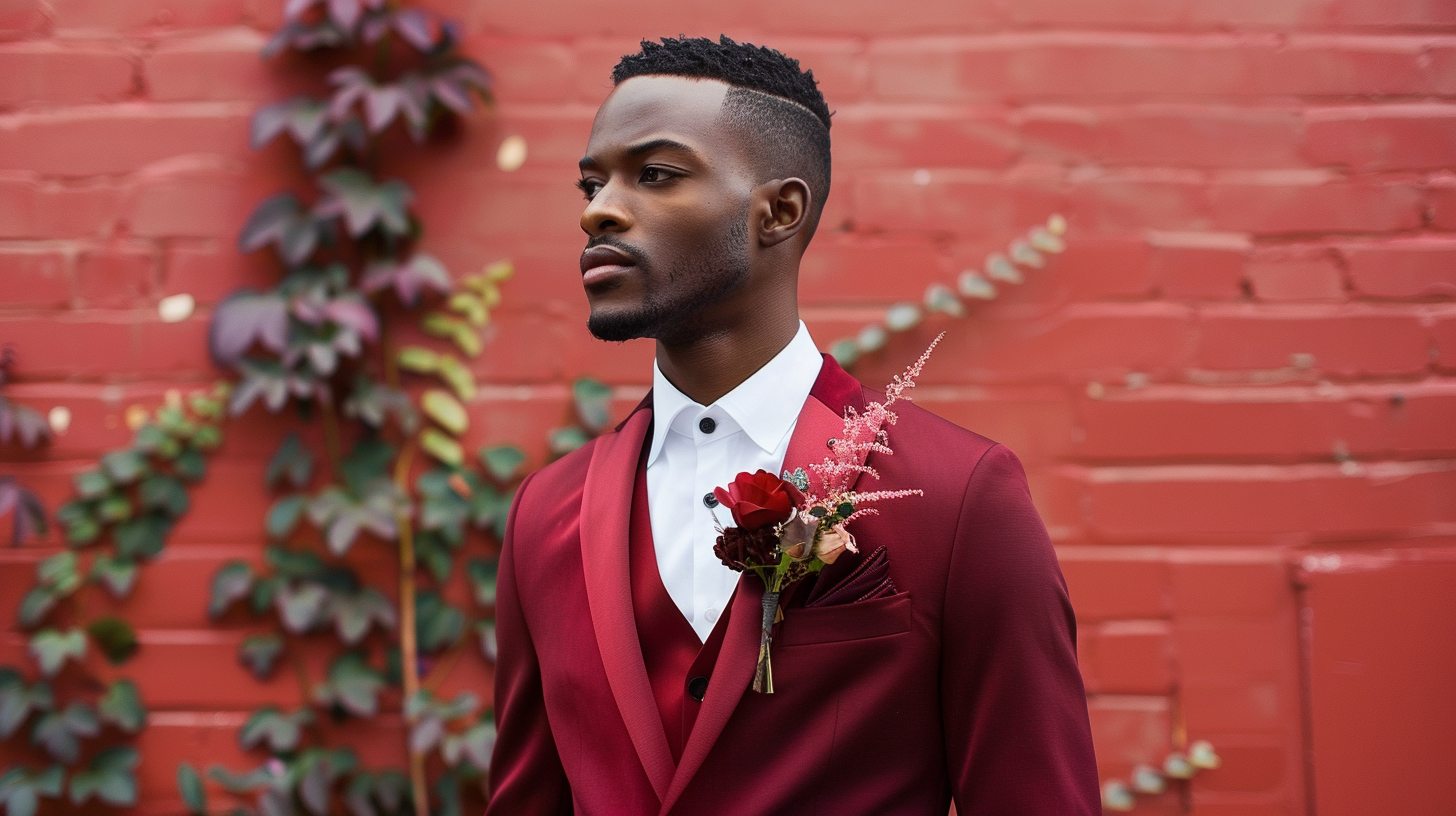 A man in a modern wedding suit in a bold color--like burgundy, forest green, or deep navy--styled with a white shirt, no tie or minimal accessories. Confident, fashion-forward, and wedding-appropriate.