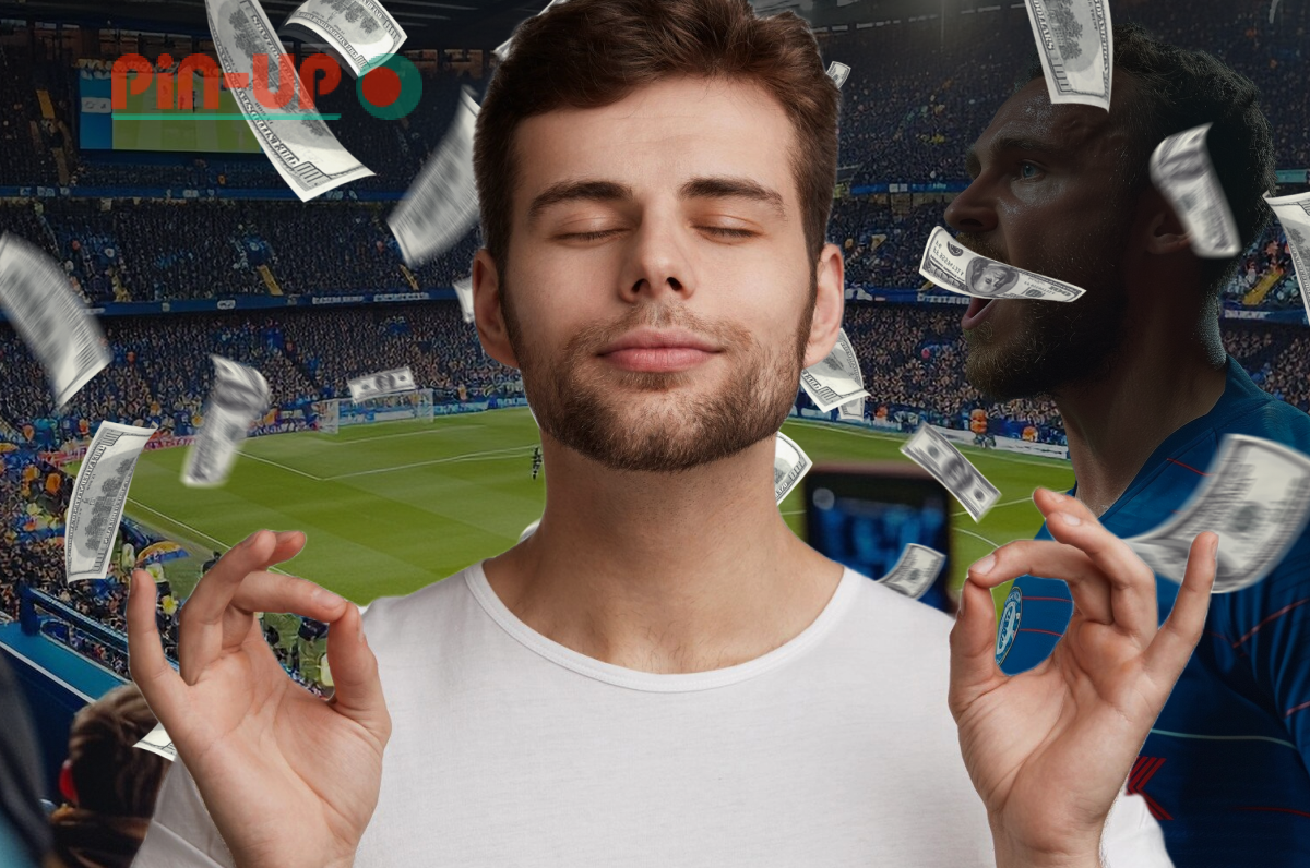 A man meditates peacefully in front of a soccer stadium, with money swirling around him, symbolizing wealth and tranquility.