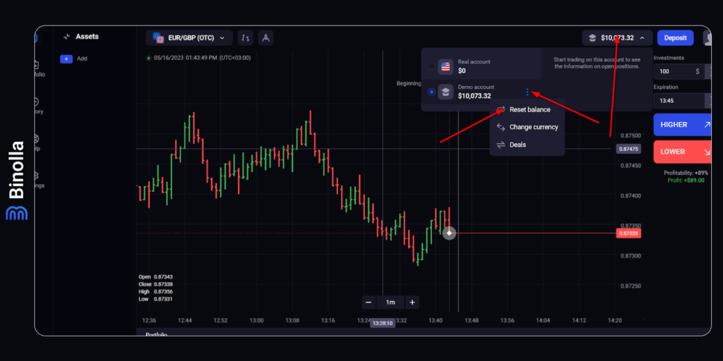 Binolla demo account. How to switch to the training mode