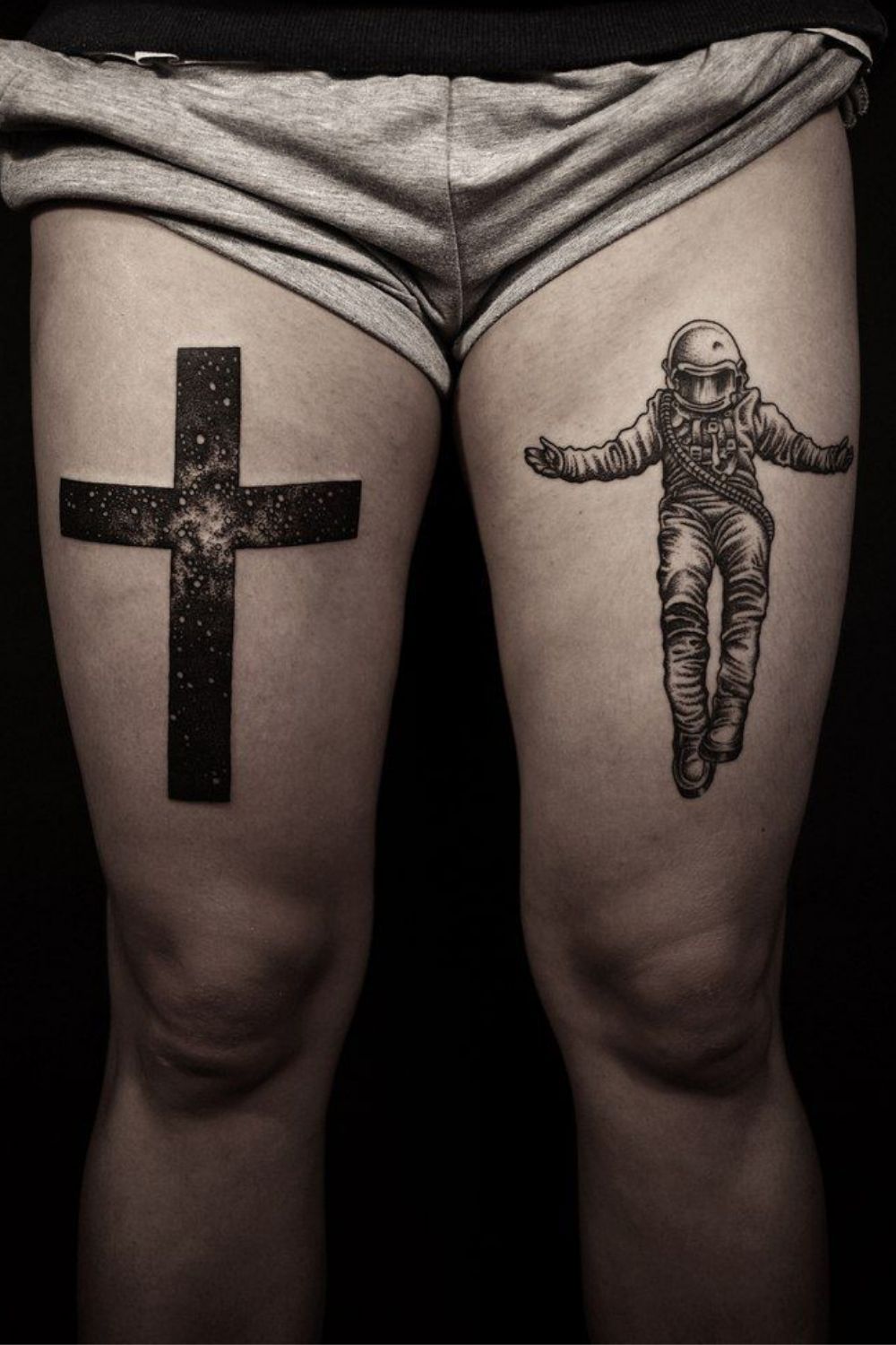 Mens Thigh tattoo Religious Symbol
