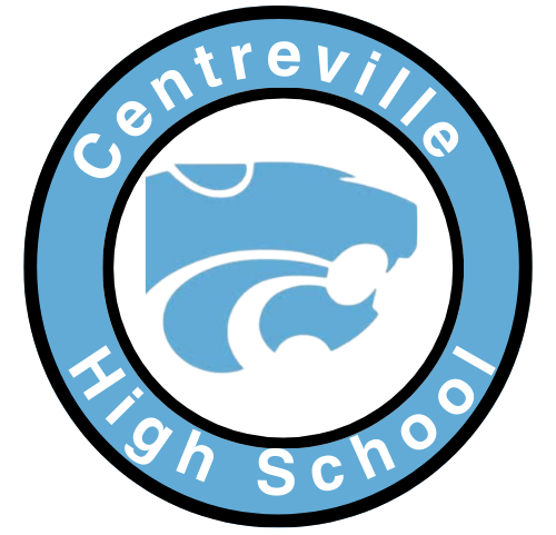 Circular Image of wildcat with text around edges reading Centreville HS