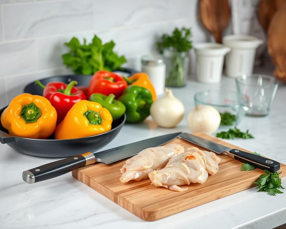 Kitchen tools for cooking chicken with peppers and onions