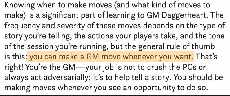 A block of text form the book, with the relevant line highlighted:  "You an make a GM move whenever you want."