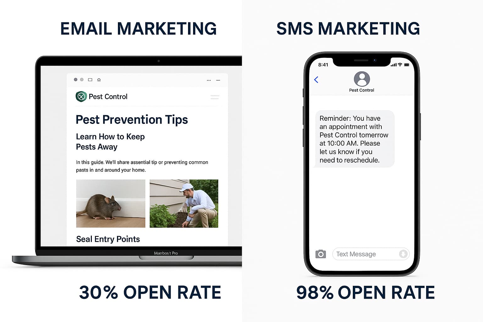 Email and SMS marketing comparison for pest control companies showing open rates and best use cases.