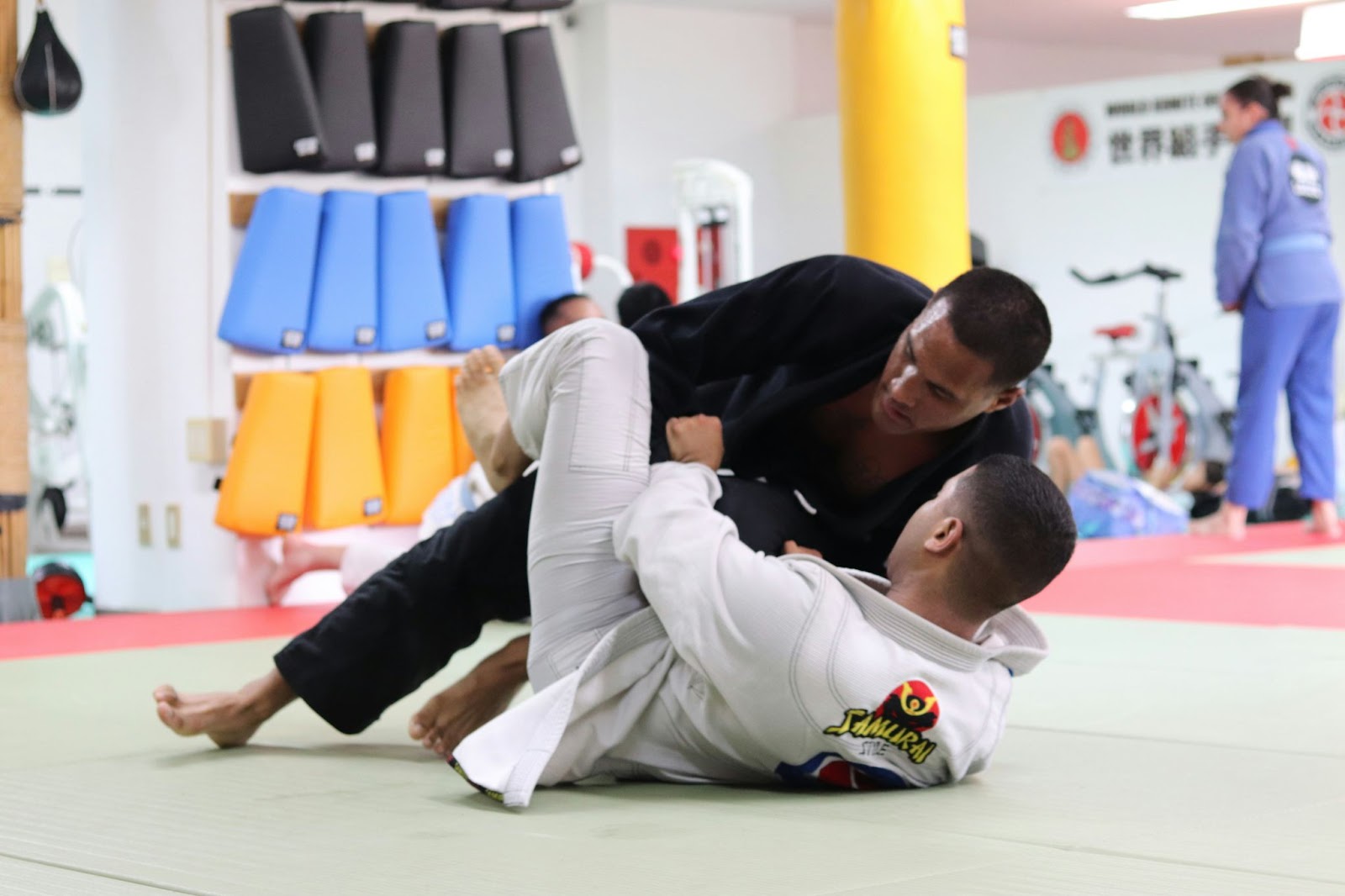 A martial arts instructor and student grappling on the ground