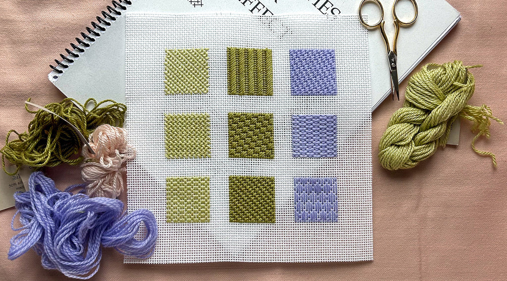 Needlepoint stitches displayed with beginner accessories like thread, scissors, and tapestry needle.