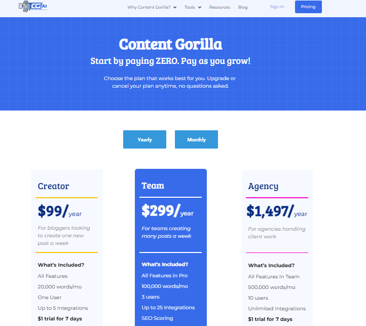 Content Gorilla AI pricing plans and features