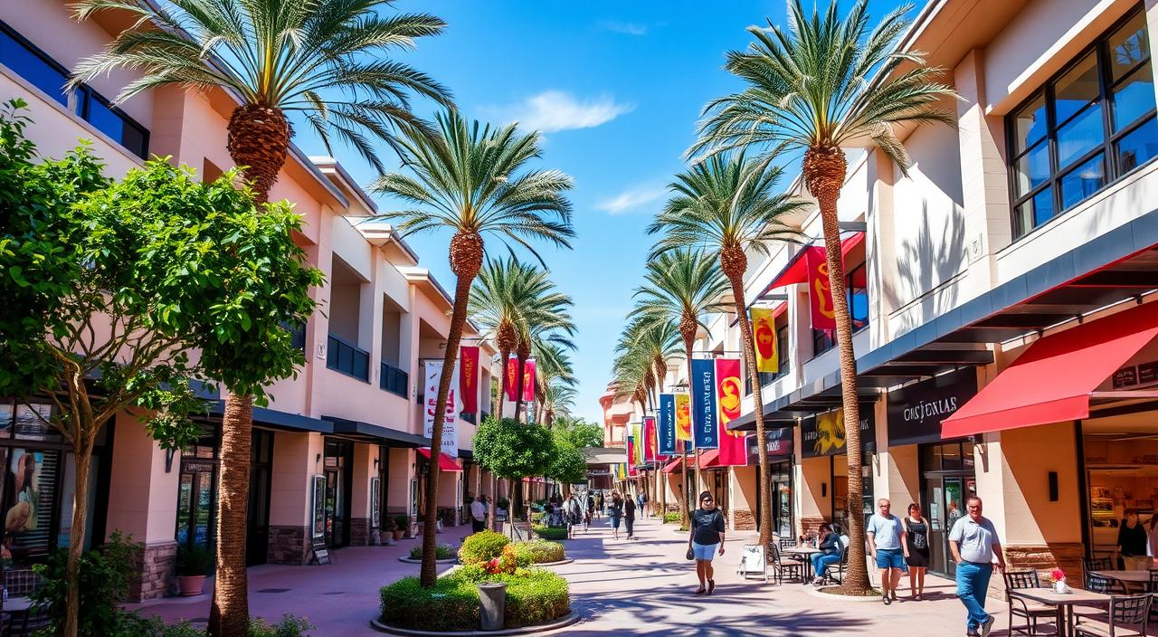 A vibrant outdoor shopping mall with modern architecture, surrounded by lush greenery and palm trees, featuring a variety of upscale stores, cozy dining areas with outdoor seating, and shoppers enjoying their time, colorful banners, and a clear blue sky.