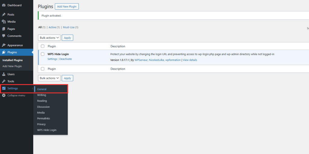 general settings wordpress dashboard
