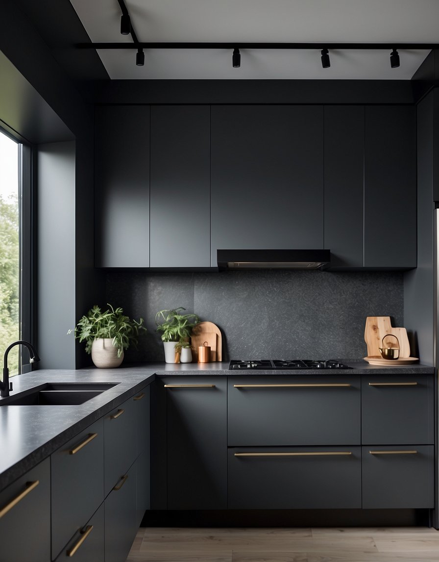 A sleek, modern kitchen with Mica Marvel 32 Dark Gray cabinets, clean lines, and minimalist design