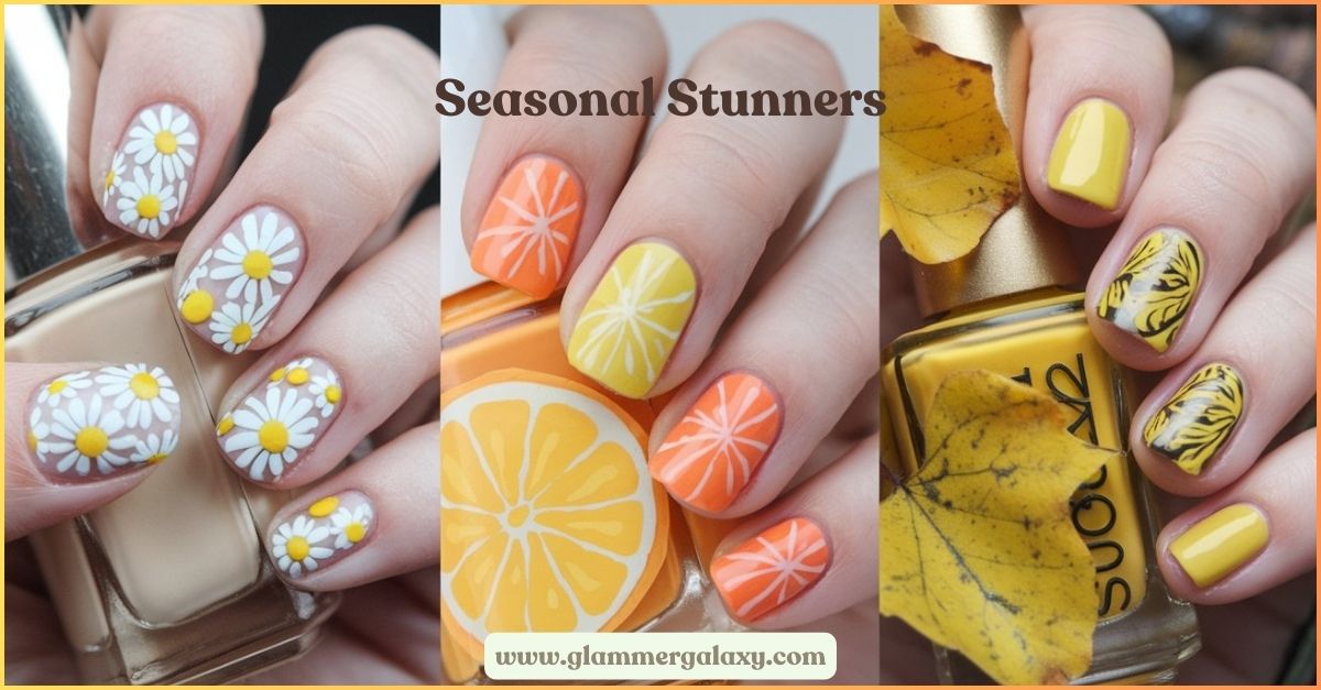 Four images of nails with seasonal designs, including flowers, citrus fruits, and leaves.