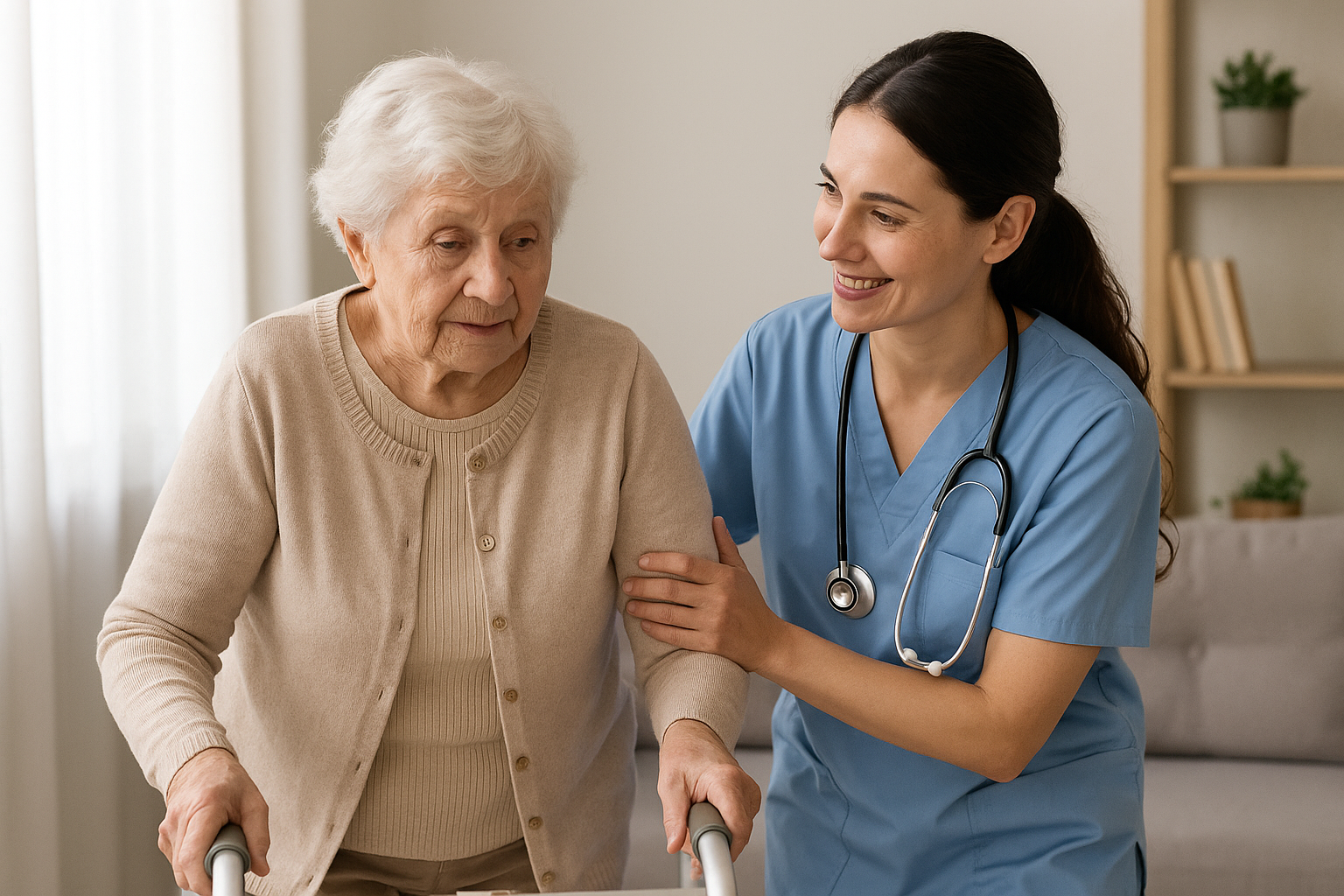 Senior care professional assisting elderly individual