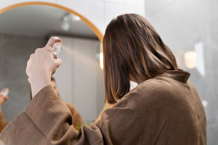 Young woman applying hair serum