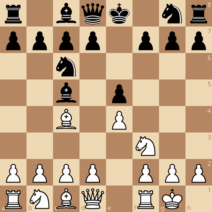 A diagram of position after 1.e4 e5 2.Nf3 Nc6 3.Bc4 Bc5