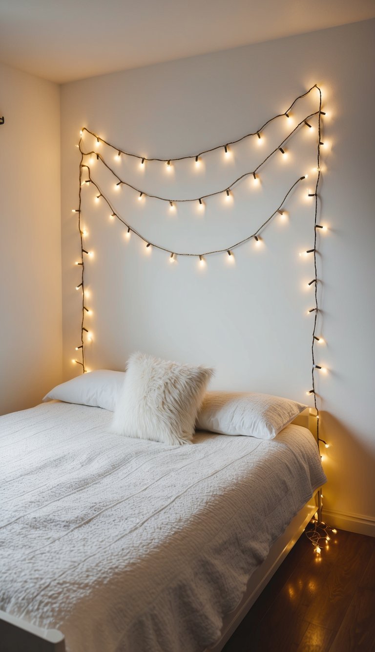 A cozy bedroom with whimsical fairy lights draped around the bed frame and twinkling against the white walls and furniture