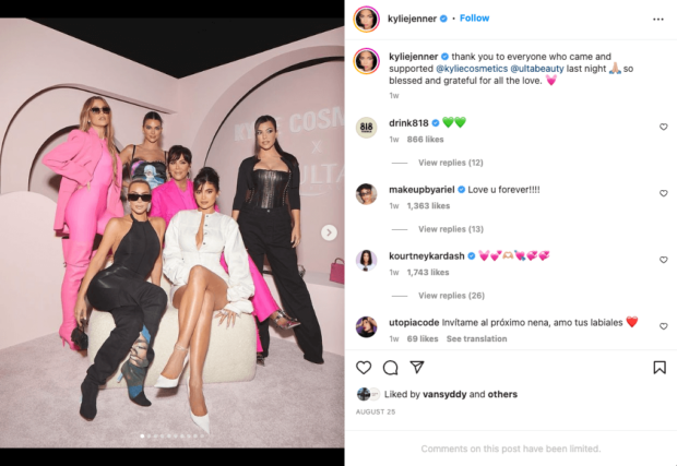 post do Instagram da mega-influencer Kylie Jenner