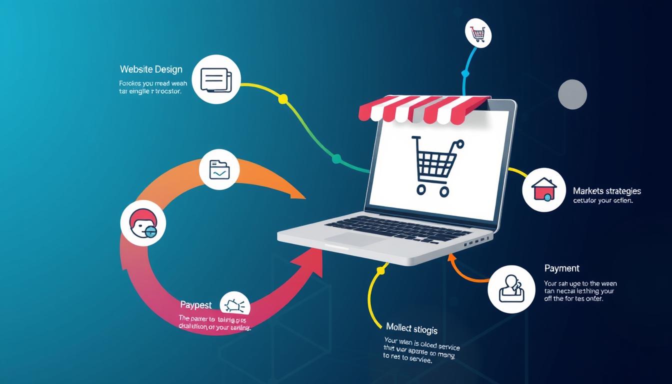 Representación visual de los pasos para crear un comercio electrónico: un estilo infográfico fluido, que presenta una computadora portátil que muestra un carrito de compras, íconos para el diseño de sitios web, listado de productos, procesamiento de pagos, estrategias de marketing y servicio al cliente; flechas de colores que conectan cada paso en una secuencia clara; fondo con sutiles patrones digitales.