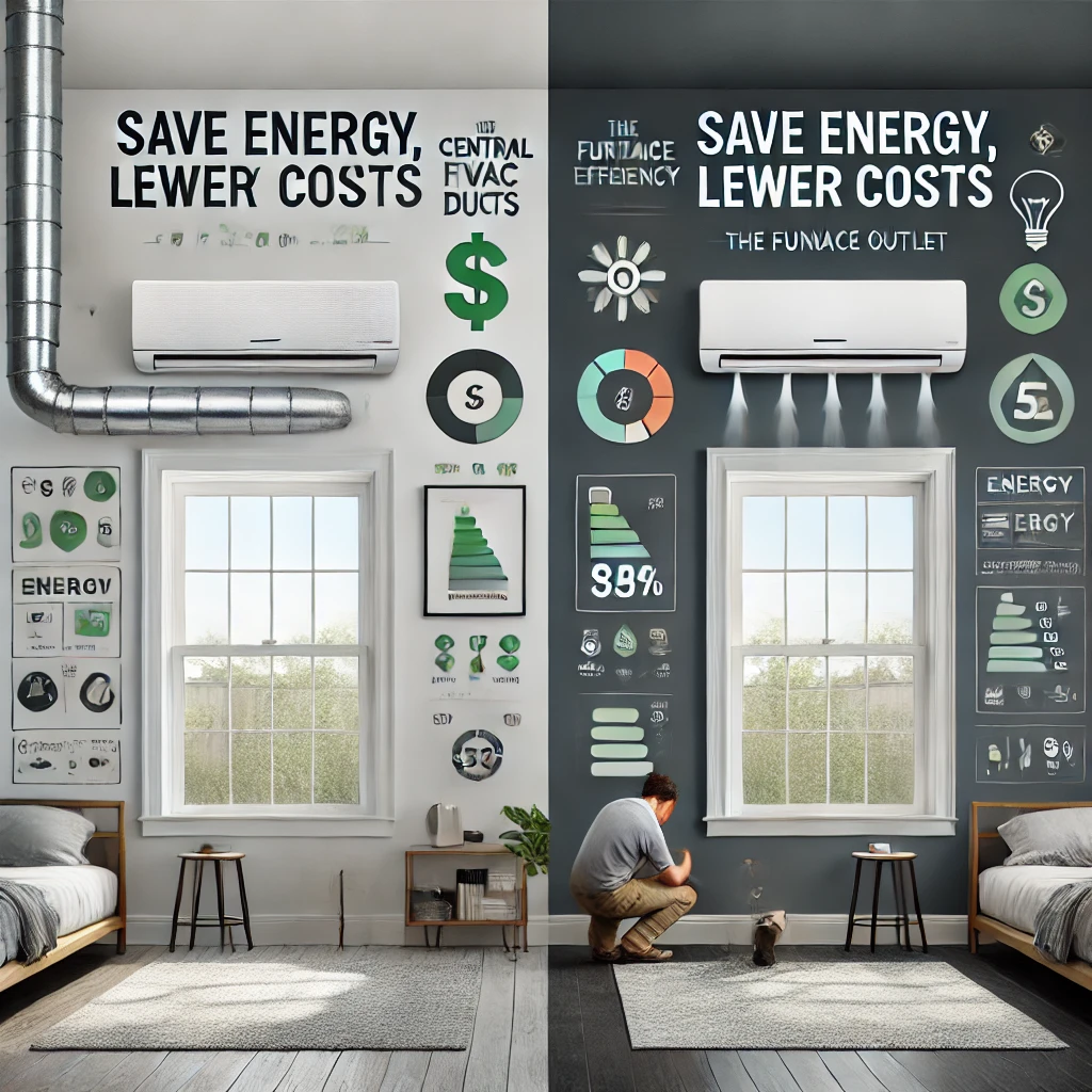 Side-by-side comparison of PTAC vs central HVAC, featuring technician adjustments, energy savings visuals, and occupancy sensor for power reduction.