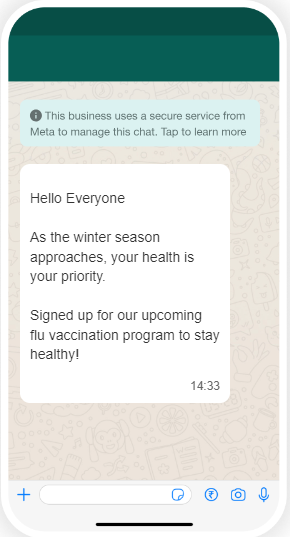 A General healthcare announcement message on WhatsApp for patients