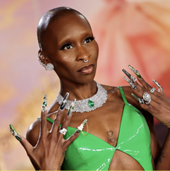 Cynthia Erivo showing off her "Wicked"-inspired nails.