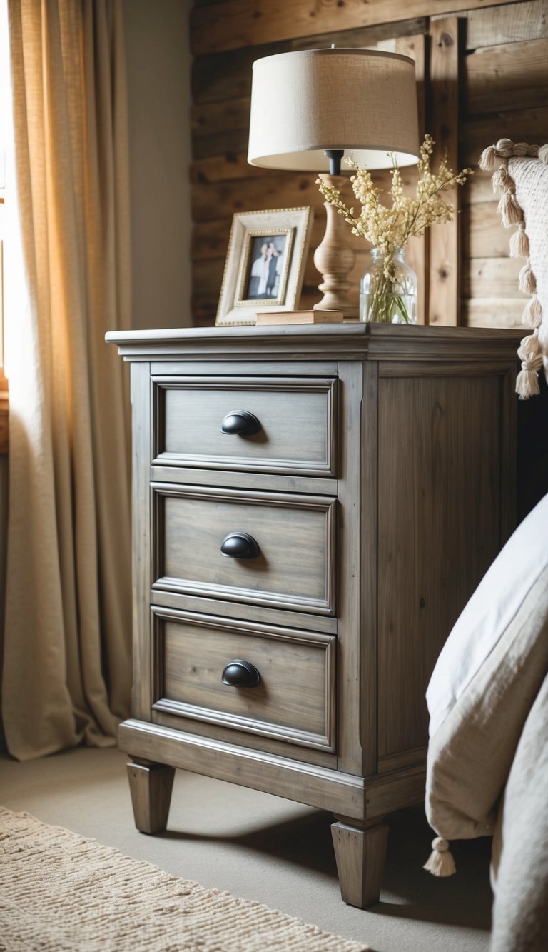 A distressed wood nightstand sits in a cozy farmhouse bedroom, adorned with rustic decor and soft, warm lighting