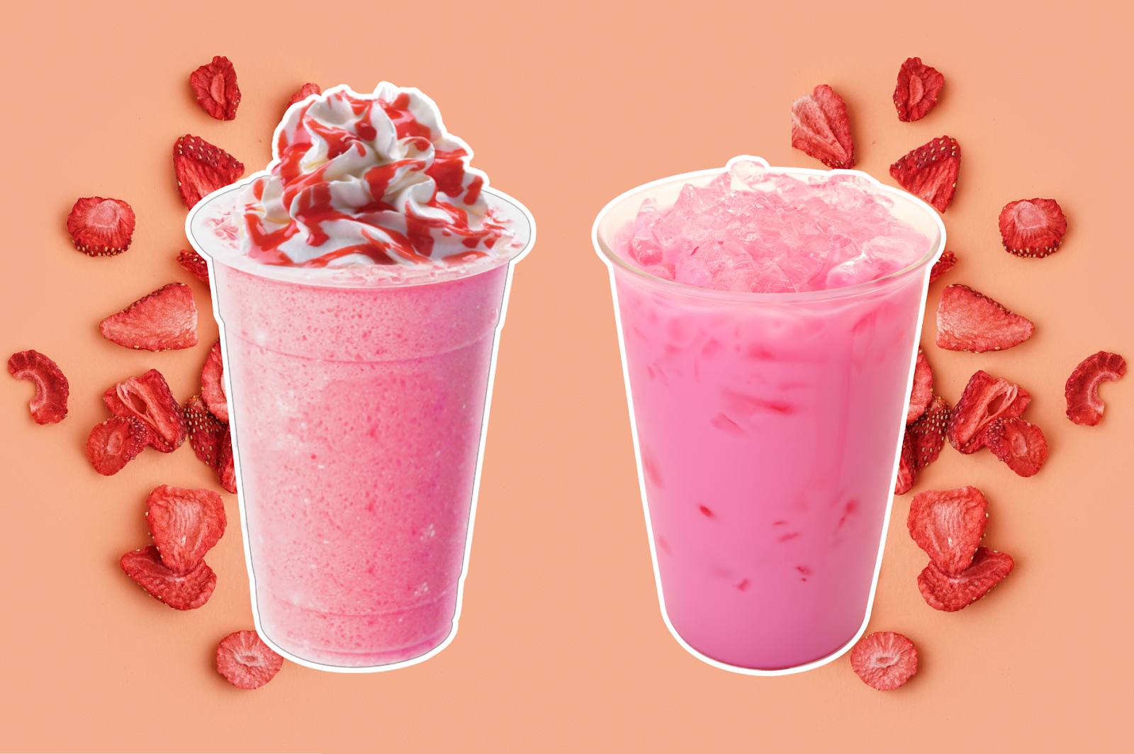 A picture of 2 cups of Starbucks Pink Drink with freeze dried strawberries