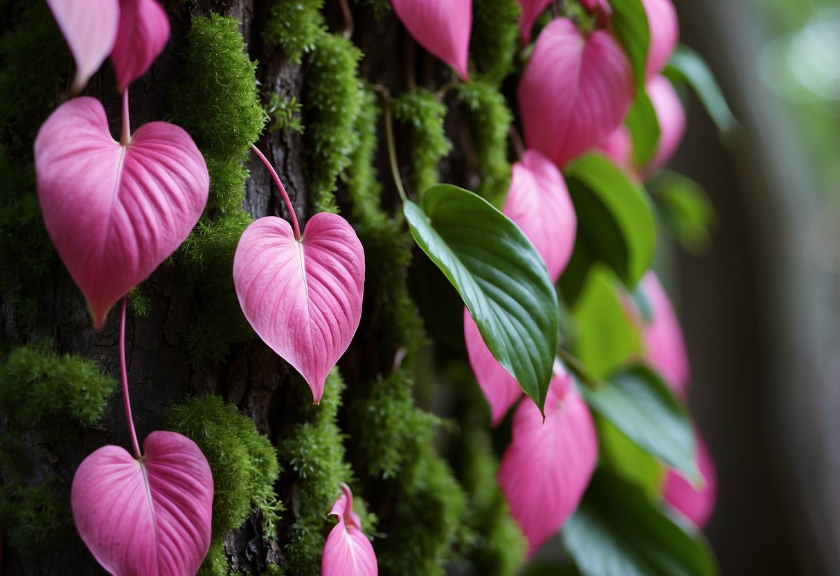 Lush green leaves of Philodendron Black Cherry contrast with the vibrant pink variegation of Pink Princess, both climbing gracefully up a moss-covered tree trunk