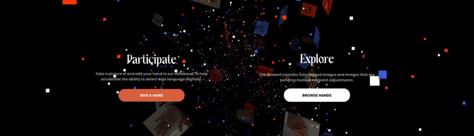 Screenshot of AI tool website, with Participate section having a red "Give a Hand" button and Explore section including a white "Browse Hands" button