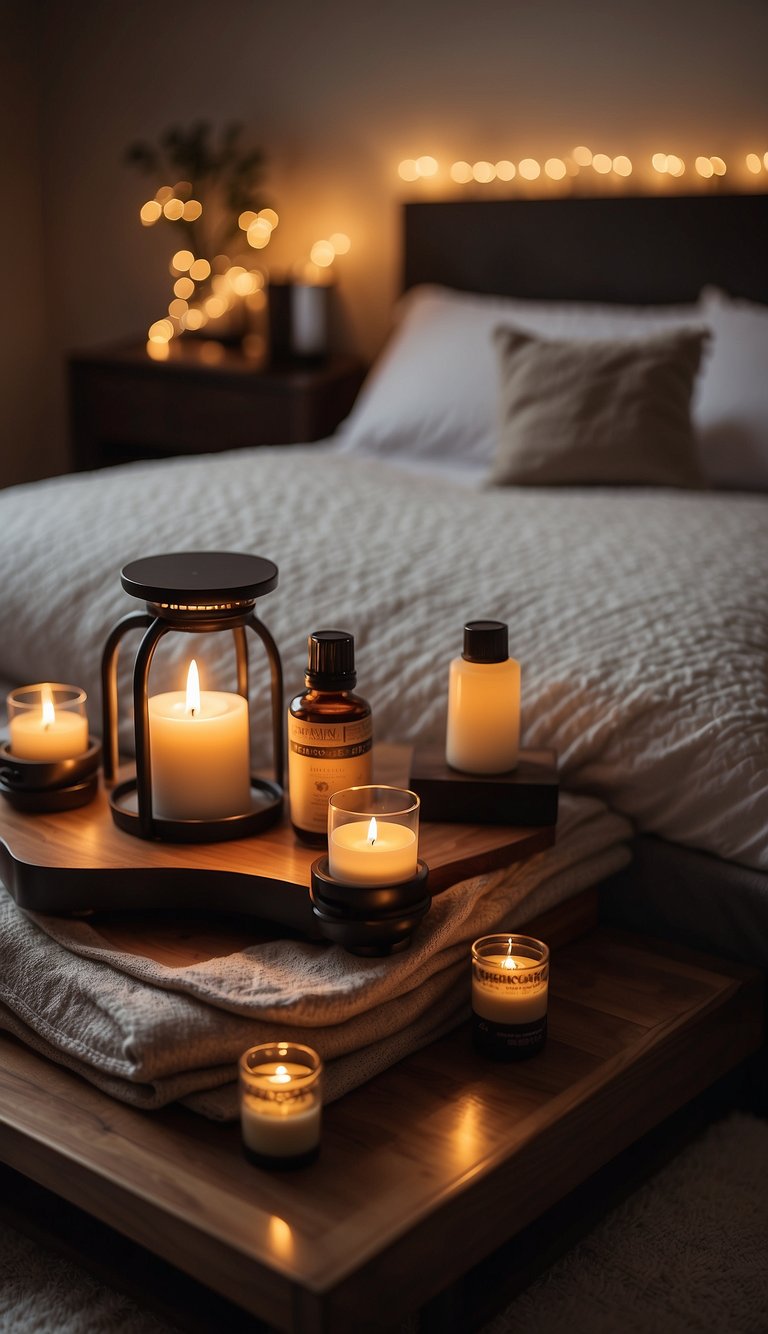 A cozy bedroom with a soft, warm glow from an essential oils diffuser. A king-sized bed with plush pillows and a romantic ambiance for couples