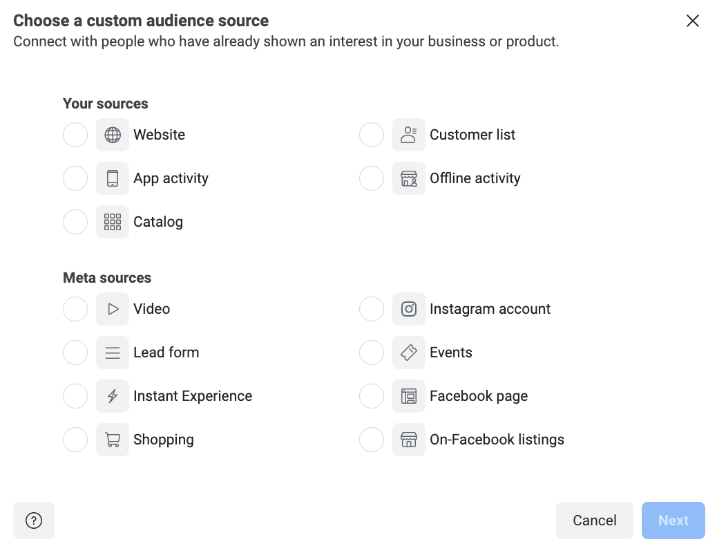 A screenshot of Meta’s custom audience source options. The image shows the various custom audience selections and sources.