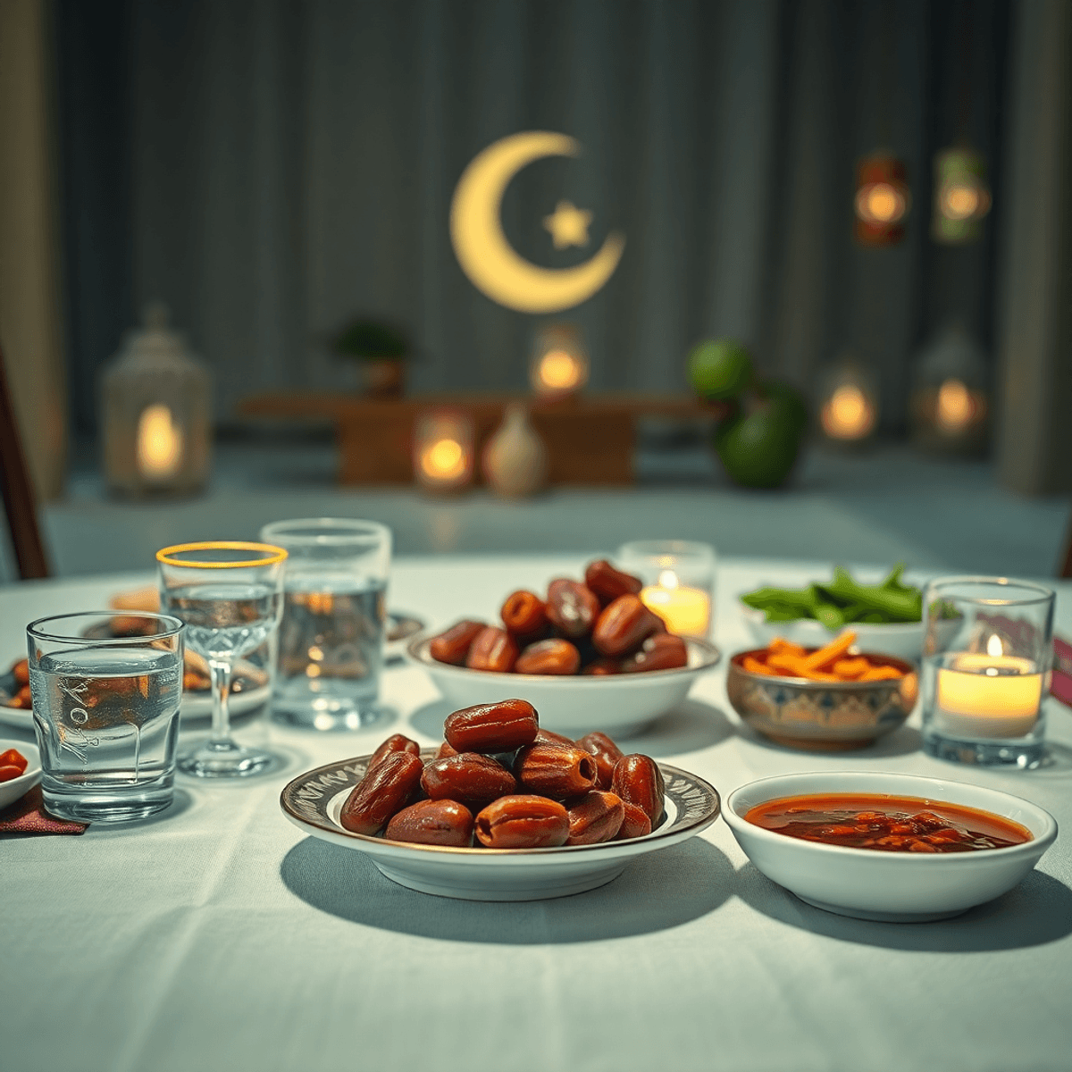 A beautifully arranged iftar meal on a table, featuring dates, water, and healthy dishes, with soft lighting and subtle Ramadan symbols like a crescent moon and lanterns.