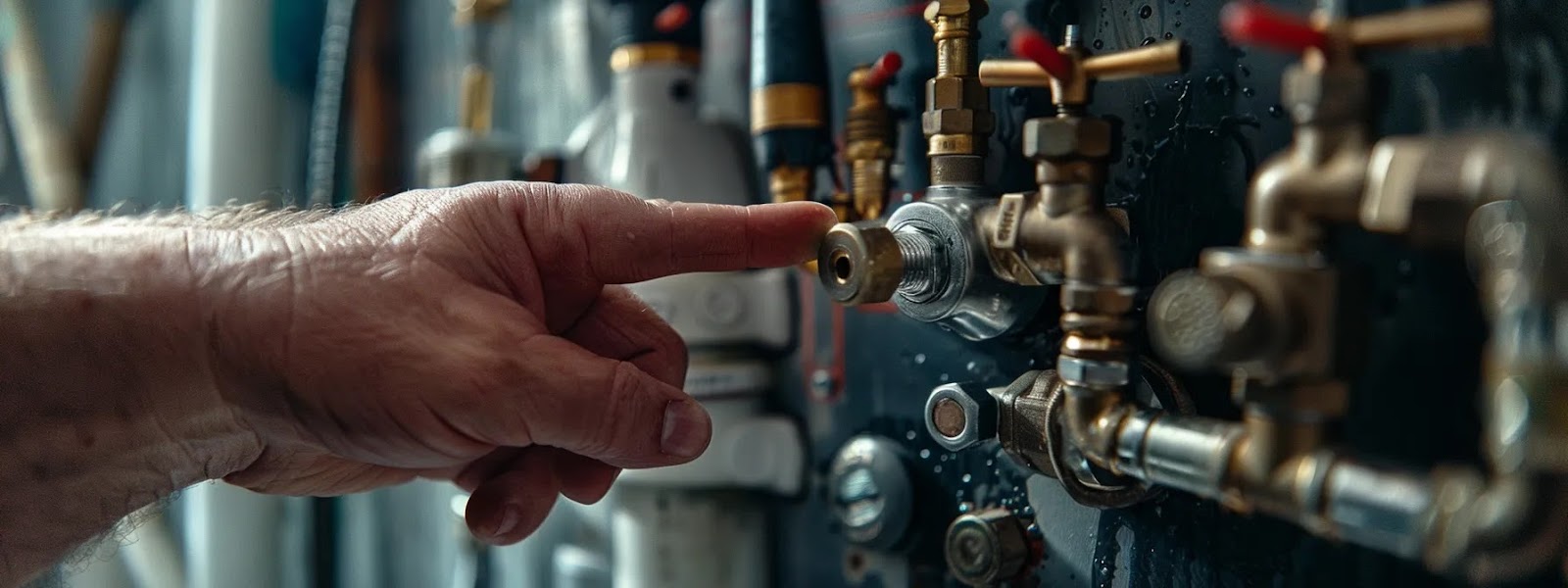 a person confidently identifying and pointing to the main water supply and shut-off valves in their home, with different plumbing fixtures in the background.