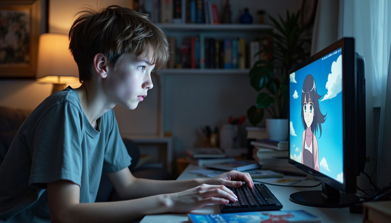 A teenage boy engrossed in watching anime among scattered manga books. A teenage boy engrossed in watching anime among scattered manga books.