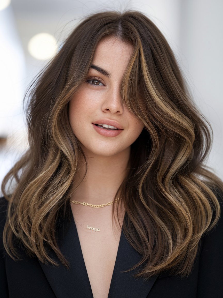 28. Chestnut Brown Waves with Caramel Highlights