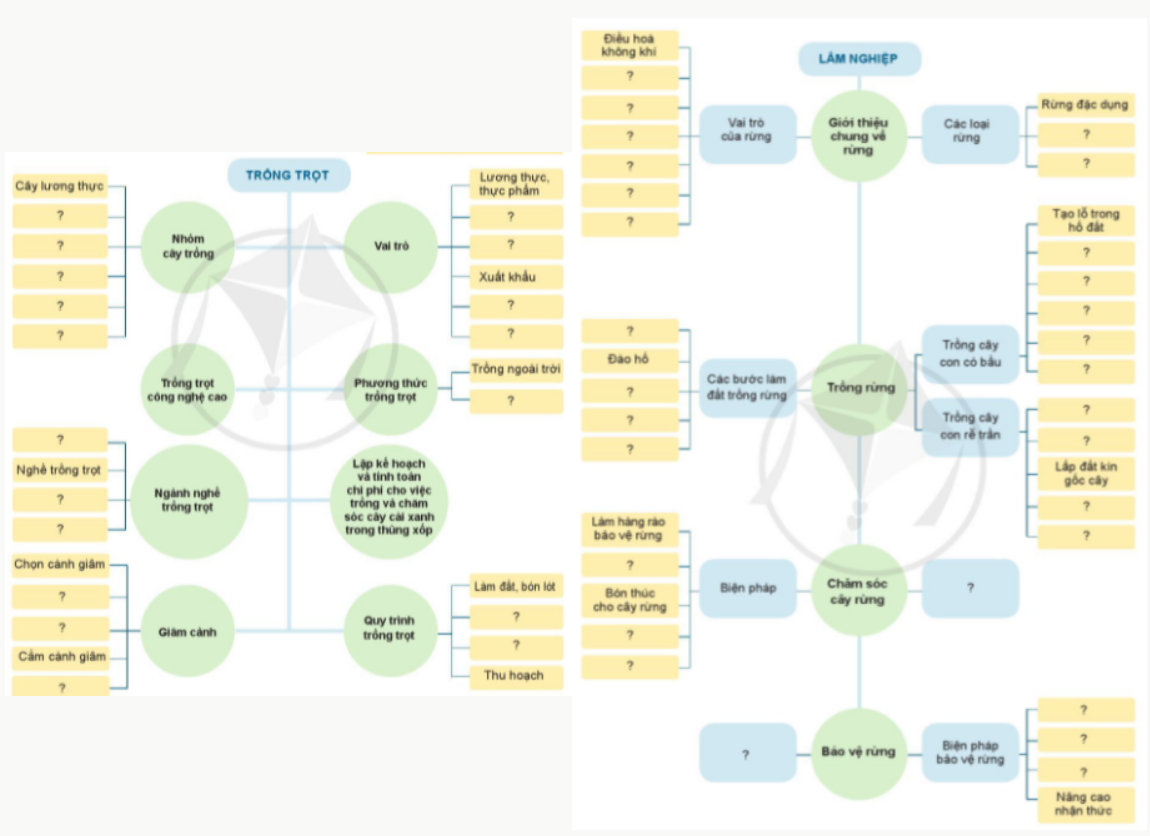 ÔN TẬPCHỦ ĐỀ 1 . TRỒNG TRỌT VÀ LÂM NGHIỆP1. HỆ THỐNG HÓA KIẾN THỨC Câu hỏi: Em hãy hoàn thành sơ đồ theo mẫu dưới đâyĐáp án chuẩn:- Nhóm cây trồng: Cây lương thực, cây thực phẩm, cây công nghiệp, cây ăn quả, cây hằng năm, cây lâu năm- Vai trò: Thức ăn cho chăn nuôi, nguyên liệu cho công nghiệp chế biến thực phẩm- Phương thức trồng trọt: Trồng ngoài trời, trong nhà có mái che- Ngành nghề trồng trọt: chọn tạo giống cây trồng, trồng trọt, bảo vệ thực vật, khuyến nông- Giâm cành: Chọn cành, cắt cành, xử lí cành, cắm cành, chăm sóc cành giâm- Quy trình trồng trọt: Làm đất, bón lót; gieo trồng; chăm sóc, thu hoạchLÂM NGHIỆP- Vai trò của rừng: Điều hòa không khí, chống xói mòn đất, giữ nước, giảm lũ lụt- Các loại rừng: Rừng đặc dụng, rừng phòng hộ, rừng sản xuất- Các bước làm đất trồng rừng: Phát dọn cây, cỏ dại; đào hố, trộn đất màu với phân bón; lắp đất màu đã trộn phân bón vào hố trước; cuốc thêm đất xung quanh, loại bỏ cỏ và lắp đầy hố- Trồng cây con có bầu: Tạo lỗ trong hố đất, rạch túi bầu, đặt bầu cây vào giữa hố đất; lấp đất và nén lần 1 + 2, vun gốc- Trồng cây con rễ trần: Tạo lỗ trong hố đất, đặt bầu cây vào giữa hố đất, lấp đất kín gốc cây, nén đất, vun gốc- Biện pháp: Làm hàng rào bảo vệ rừng, xới đất, vun gốc cho cây rừng- Biện pháp bảo vệ rừng: Tổ chức định canh, định cư cho người dân, nghiêm cấm và ngăn chặn hành vi phá rừng2. LUYỆN TẬP VÀ VẬN DỤNG