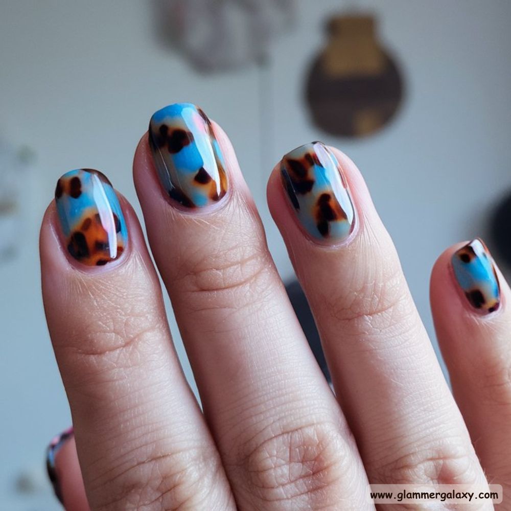 Blue and Brown Nails with Tortoise Shell Design