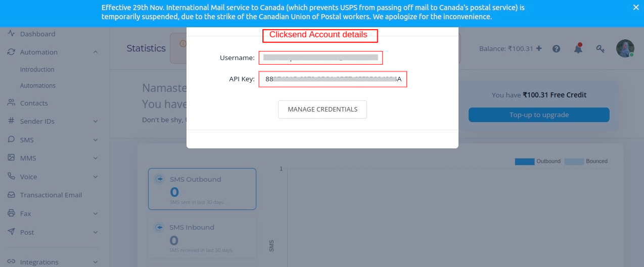 ClickSend API credential