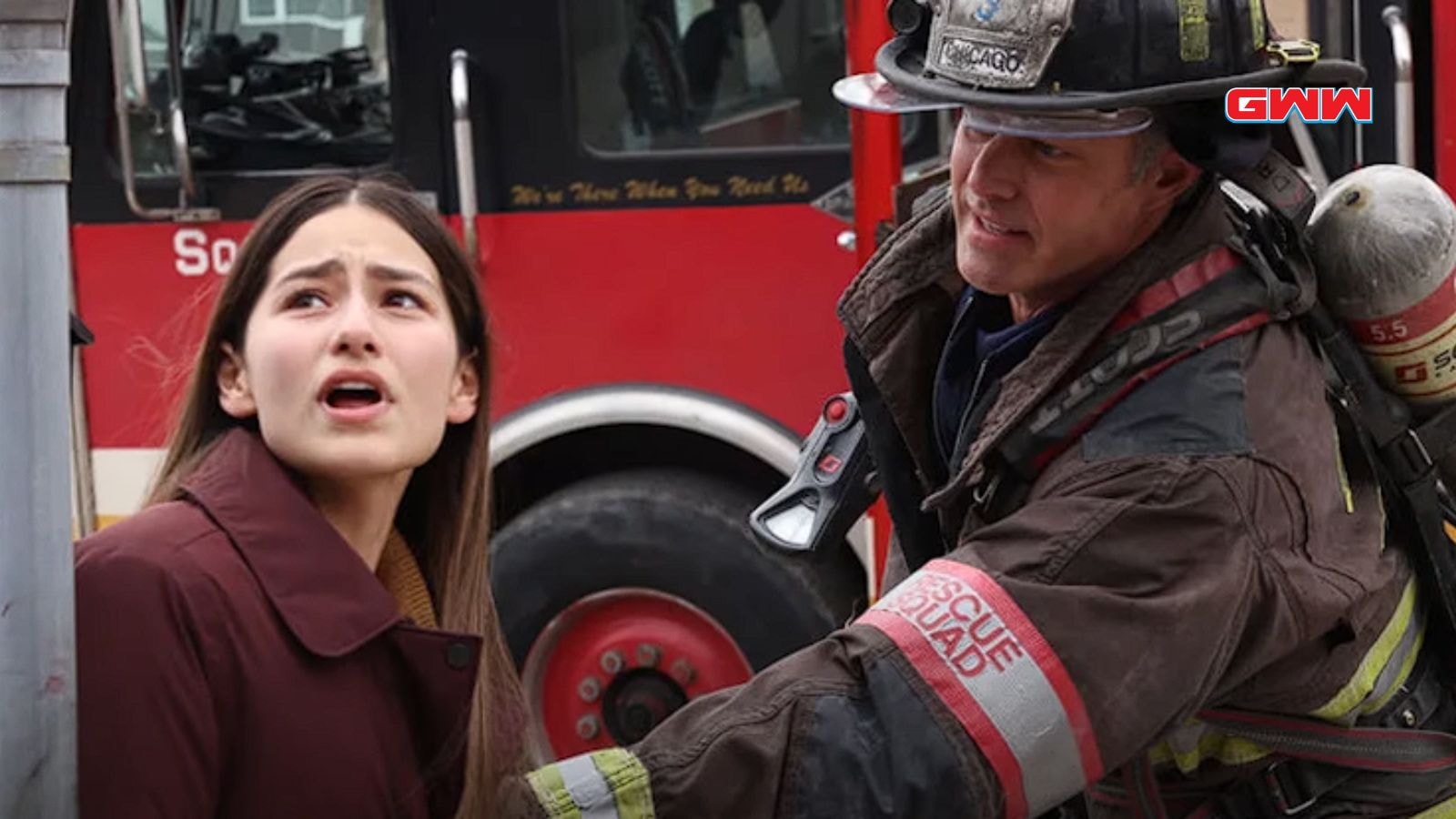 Hanako Greensmith looking worried in a Chicago Fire Season 13 scene.