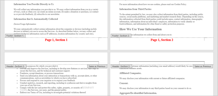 Add Discontinuous Page Numbers in Sections in Word 