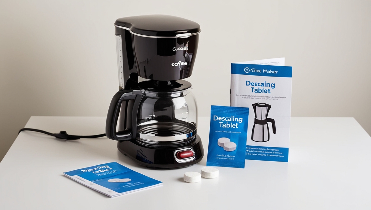 A black coffee maker, a descaling tablet, and a user manual are on a table.