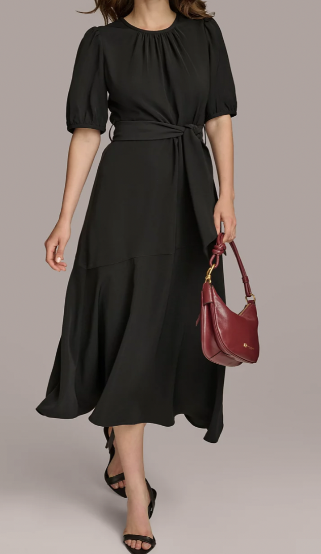 Donna Karan Puff-Sleeve Belted A-Line Dress