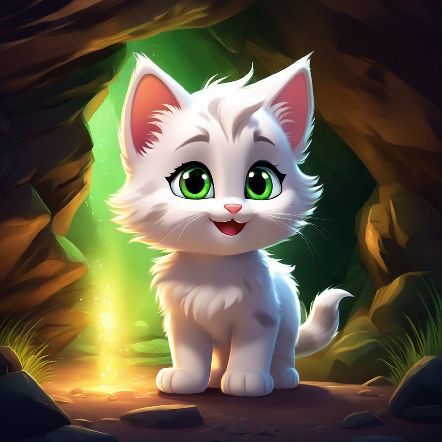 Kitten, green eyes, fluffy fur, ears perked up, standing in front of cave entrance, hearing faint mewling sound in dark background with warm glow from cave lighting her face.