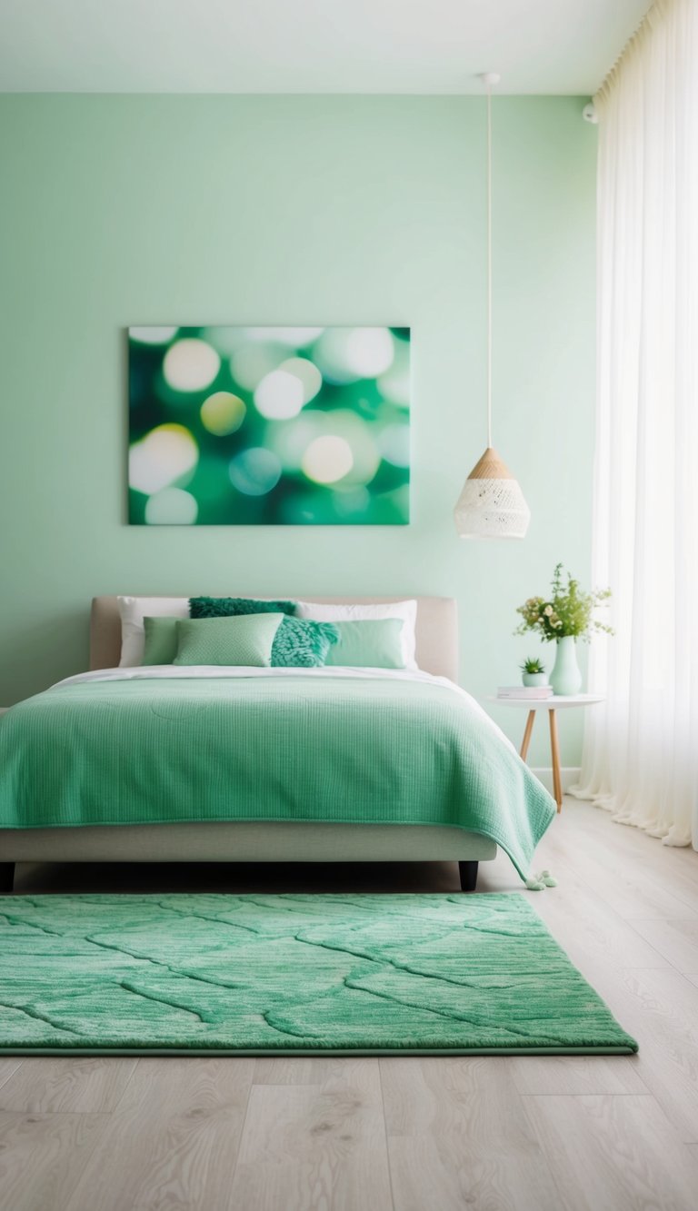 A mint green area rug in a serene bedroom with 23 shades of green decor