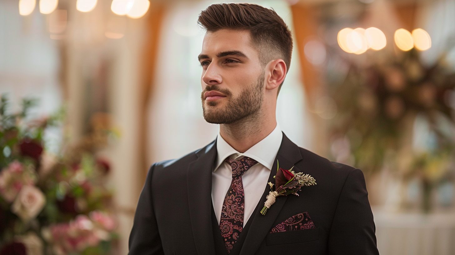 Fashion-forward man in a patterned burgundy paisley tie, black suit, and crisp white shirt, attending a stylish wedding or party, warm indoor lighting, subtle floral decor in background