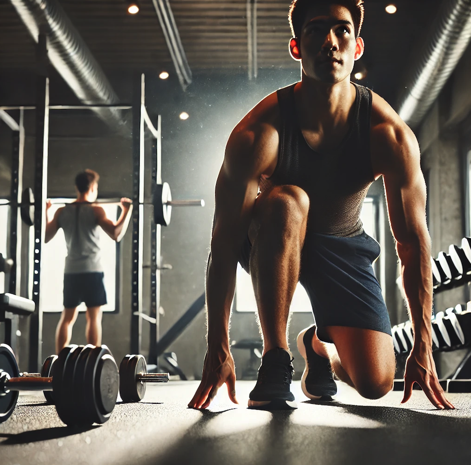 Two men in a gym setting working out to improve their physical and mental health. One is lifting weights while the other is doing lunges.