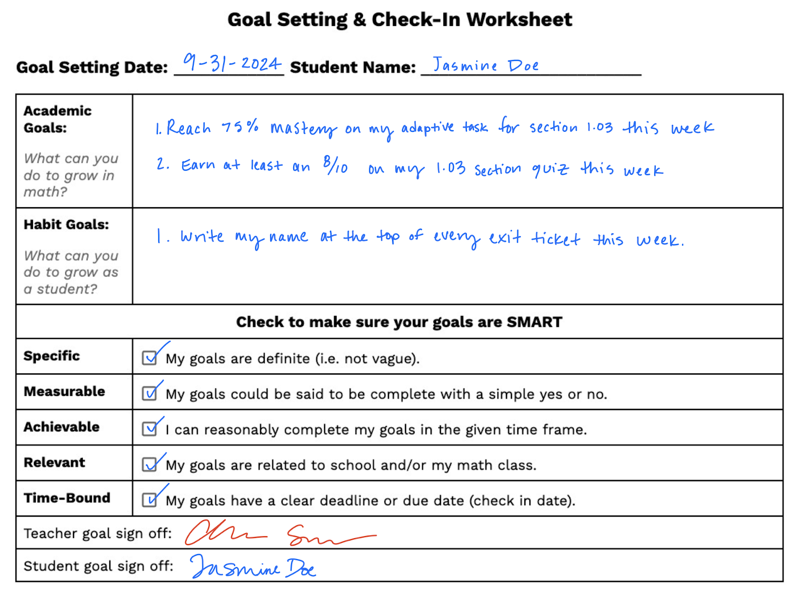 student SMART goals for math class