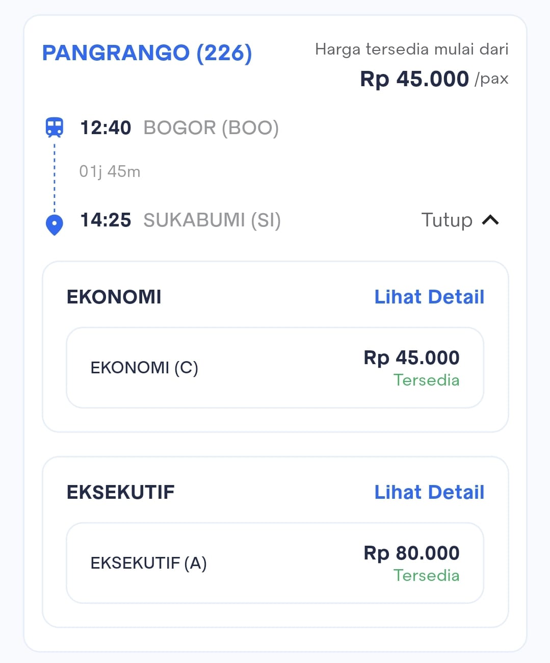 Harga Tiket KA Pangrango (226)  Bogor (BOO) — Sukabumi (SI)