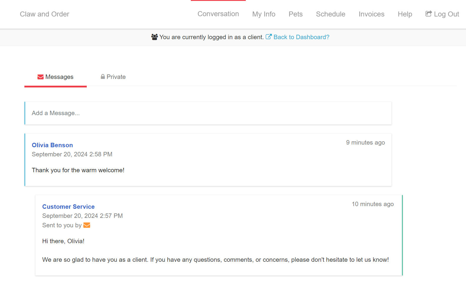 screenshot of client conversation feed on client web portal