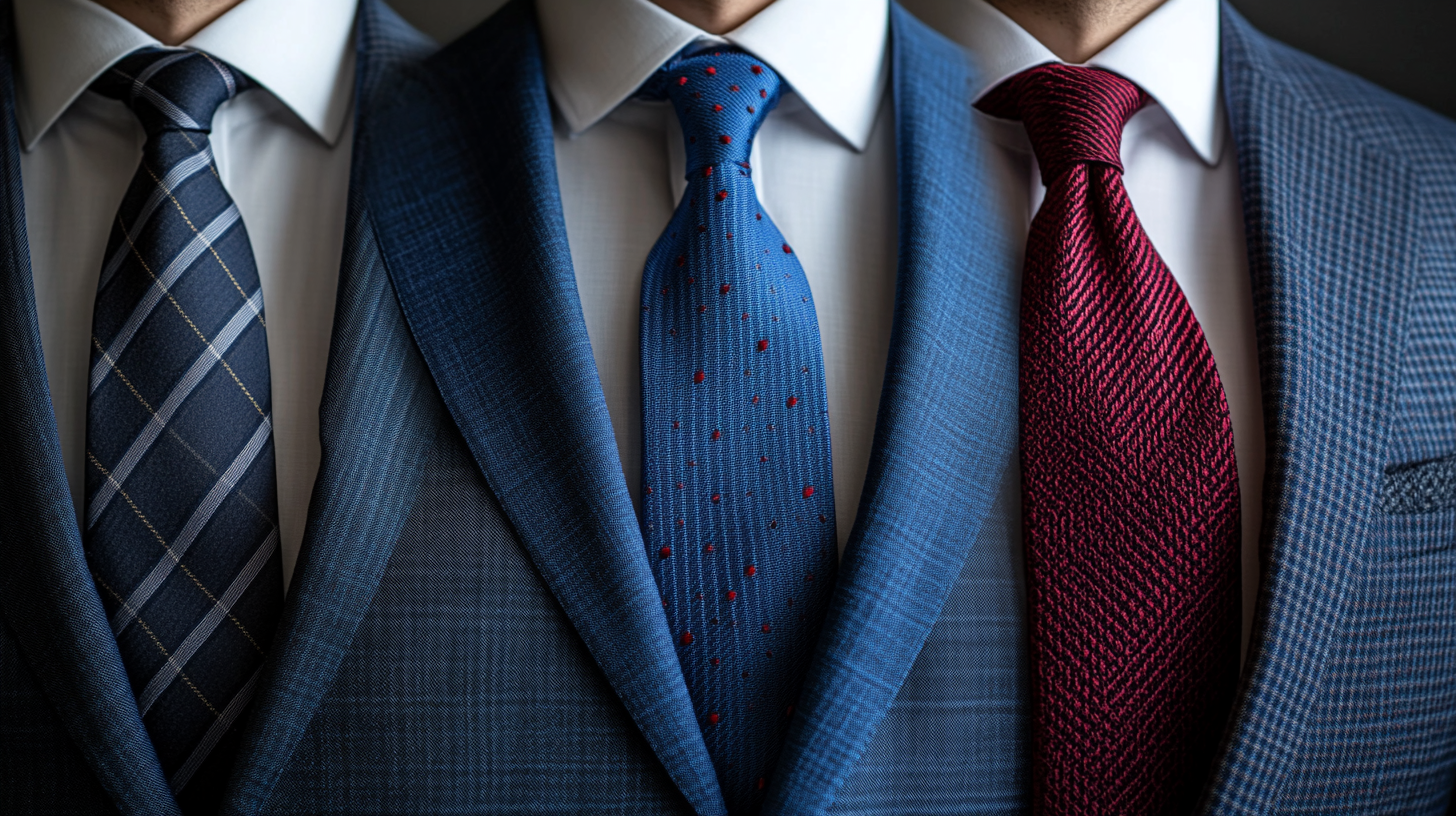 
A man wearing a well-tailored blue suit, showcasing different tie combinations. The first tie is a charcoal grey, paired with a crisp white shirt, perfect for a professional look. The second tie is a blue pindot tie, adding a playful yet elegant touch. The third tie is a red striped tie, making a bold statement for formal events. The last tie is a burgundy knit tie, offering a textured, sophisticated look. The background shows a clean, modern setting, focusing on the contrast between the blue suit and the various tie styles.